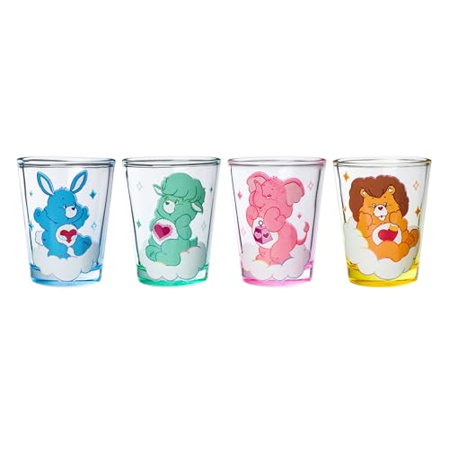 Image of Silver Buffalo Care Bears Cousins Featuring Brave Heart Lion, Swift Rabbit, Lotsa Elephant, and Gentle Lamb 4 Pack Mini Glass Set, 1.5 Ounces