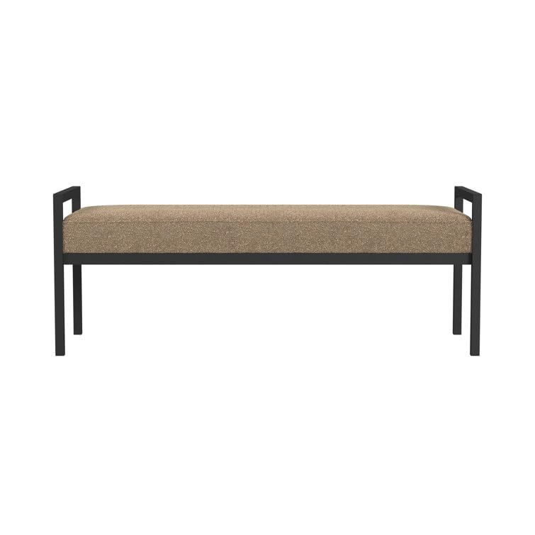 Upholstered Bench with Textured Tan Seat and Black Metal Frame an upholstered Bench Featuring a Textured Brownish-Beige Cushion and a Dark Black Metal Frame.-image-46