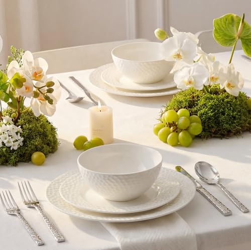 KINGSTONE 12Pcs Hammered Rim White Bone China Set, Service for 4 by KINGSTONE - Used condition - Image 8
