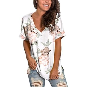 SAMPEEL-Womens-Floral-Tops-Short-Sleeve-V-Neck-Tee-T-Shirt-Printed-Side-Split-Tunic Floral Summer Tops for Women Short Sleeve Tee Shirts V Neck Rose Flower High Low L