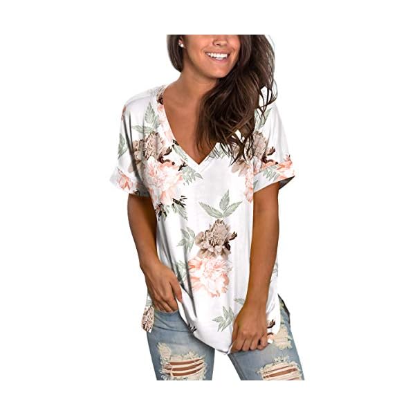 Floral Summer Tops for Women Short Sleeve Tee Shirts V Neck Rose Flower High Low L