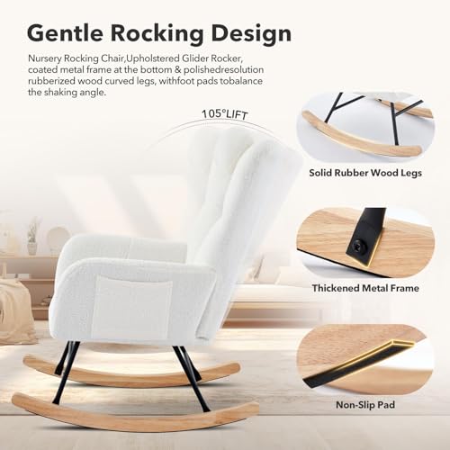MOVECOM Rocking Chair Nursery, Teddy Upholstered Glider Rocker with High Backrest, Modern Rocking Accent Chair with Headrest, Comfy Armchair for Living Room, Bedroom, Offices, Beige by MOVECOM - Image 4