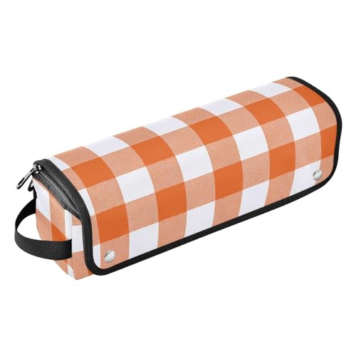 Bolsa de viaje para herramientas de cabello para mujeres con estera resistente al calor para planchas, rizadores, secador de pelo, patrón a cuadros naranja y blanco. miniatura 1