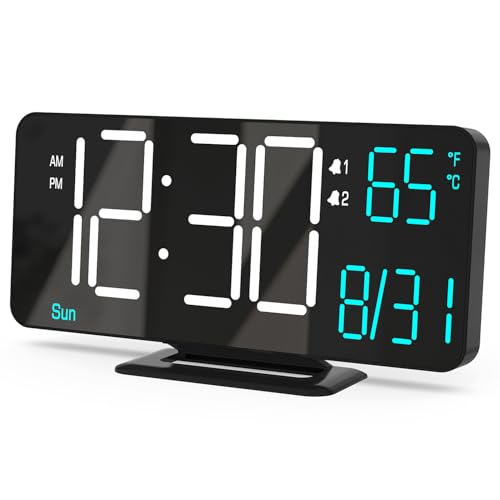 KOSUMOSU Digital Clock for Bedroom 6.7in Small Digital Alarm Clock Black, Dimming,12/24h,Date,Day of Week, Indoor Temperature,Desk Clocks for Classroom, LED Clocks for Living Room, Digital Calendar