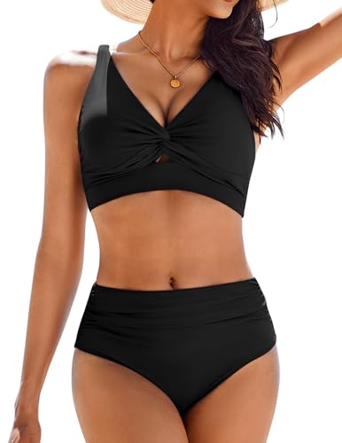 AI'MAGE Bikini Set for Women Ruched High Waisted Two Piece Swimsuit Twist Front Cut Out Adjustable Straps Bathing Suit