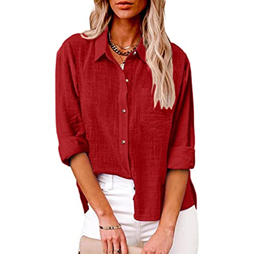 Womens Cotton Linen Button Down Shirts 2025 Casual Long Sleeve Tops Solid Color Shirts Loose Work Blouses with Pockets