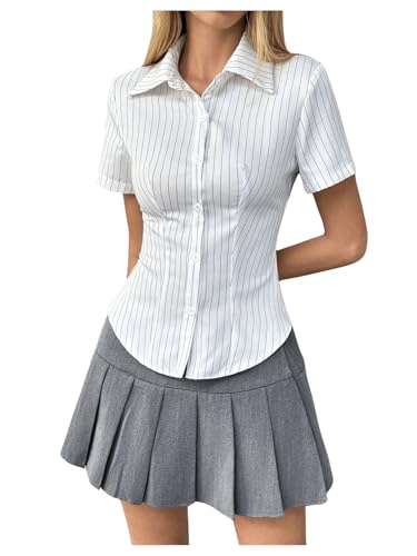 SweatyRocks Women's Striped Button Down Shirt Short Sleeve Collared Fitted Work Office Blouse Dressy Tops