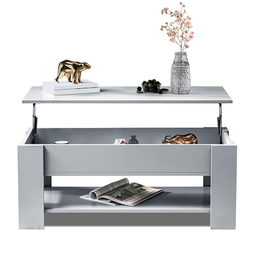 Blisswood Coffee Table With Storage, Lift Up Coffee Table For Living Room, Wooden Coffee Tables With 1 Shelf Large Hidden Storage Lift-Top Sofa End Tea Table, Grey, 100L x 50W x 42-57H cm - Image 4