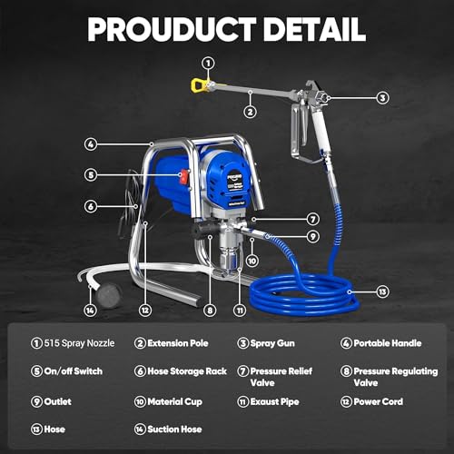 Image of 1200W Airless Paint Sprayer, 3300PSI High Efficiency Electric Paint Sprayer with Extension Rod, Thinning-Free Stand Airless Sprayer for Home Exterior and Interior, Garage, Deck, Furniture