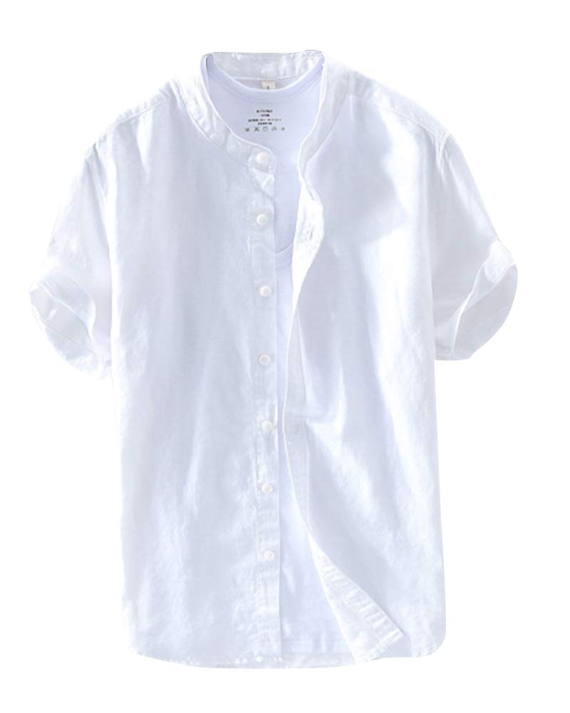 ShiFan Camisa De Lino Hombre Manga Corta Cuello Mao con Botones Blanco L