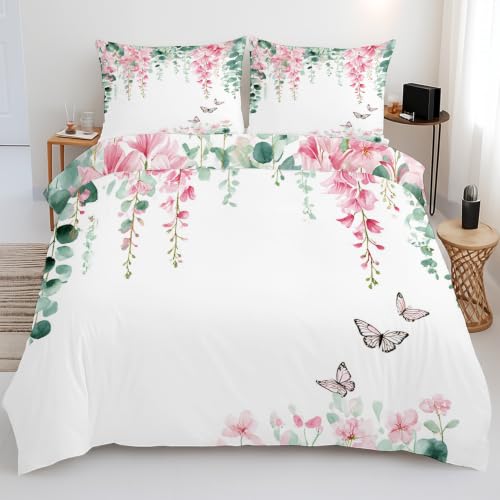 Housse de couette 220x240 fleurs zip anti-glissement parure lit vert douce
