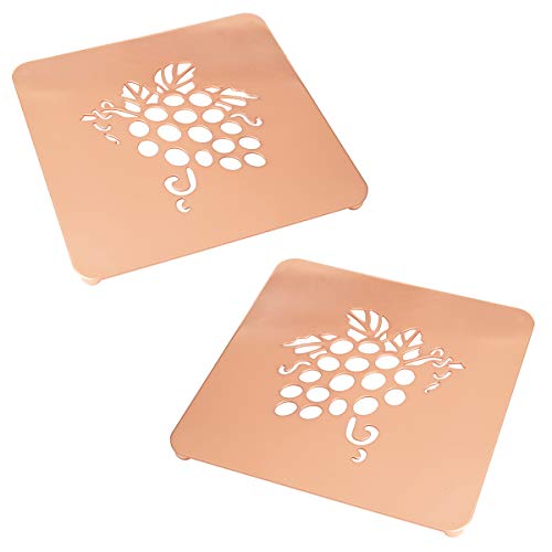 Creative Home Set Of 2 Pieces Copper Plated Metal Square Trivet With Laser Cut Grape Motif #TOP26