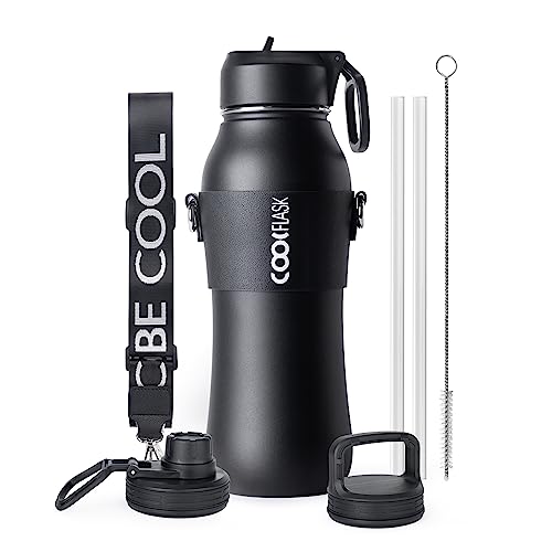 Coolflask Insulated Water Bottle 32 Oz, Water Bottle With Straw And Strap, Metal Stainless Steel Water Flask Double Wall Vacuum Cold For 48 Hrs Hot For 24 Hrs, Ebony #TOP12