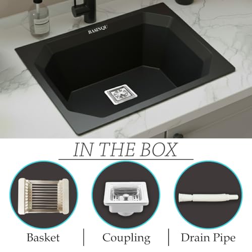 Image of BASINQU Quartz Sink for Kitchen | 24x18x9 Inches Black Single Bowl Sink For Kitchen Basin Diamond Designed | Granite UV Protected Scratch Resistant, Undermount /Topmount Kitchen Sinks