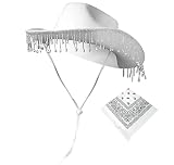 Fullishment White Cowgirl Hat Blinking - Sequin Bride Cowboy Hat with Veil Feather White Princess Hat for Women,Bachelorette