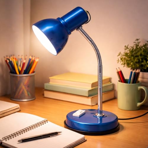 Image of Metal Desk Lamp with Bulb, Red Finish, Adjustable Gooseneck, 16 Inch Height, Strong Body Table Lamp (Blue)