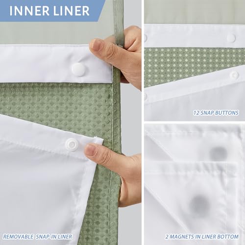 Image of Furlinic Waffle Weave No Hook Shower Curtain with Snap in Liner,Honeycomb Textured Bathroom Curtains with See Through Top Window,Waterproof & Machine Washable,Hotel Quality,Sage Green,71x84 Inch