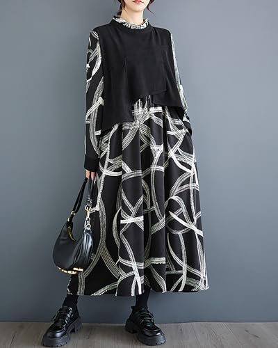 ellazhu Women's Dress Long Sleeve High Neck Random Strings Patchwork Black and White Pockets Loose GZ306 A4