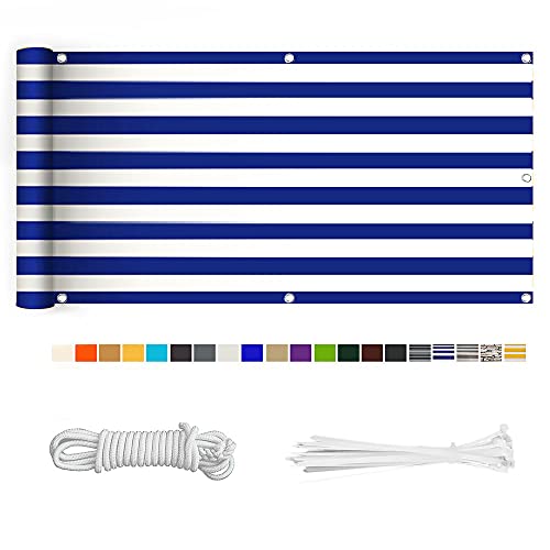 HERILIOS Balkon Sichtschutz, Balkonabdeckung 220 g/m² Innen Balkonverkleidung UV-Schutz (210Größen&21Farben) mit Ösen Kabelbinder und Kordel für Balkongeländer Terrasse,50X100CM Blau-weiß gestreift