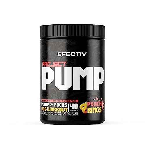 Efectiv Project Pump Pre Workout Powder - Stimulant Free Pre Workout with Citrulline, Nitrosigine, Rednite for Vicious Pumps & Enhanced Focus - Vegan, 40 Servings, Made in UK, Peach Rings Flavour