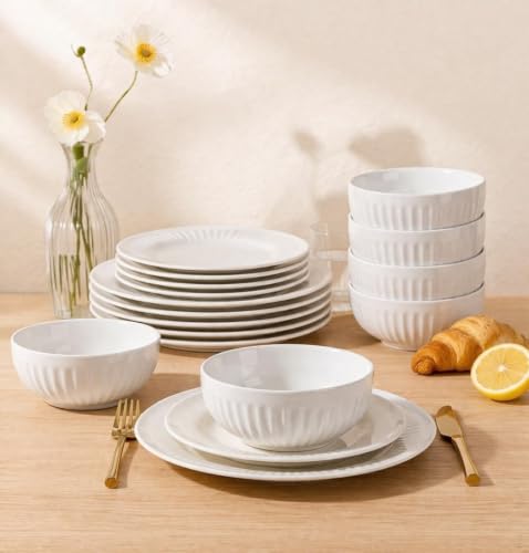 Image of LeRatio Ceramic Dinnerware Sets for 6,Porcelain Plates and Bowls Sets,Handmade Reactive Glaze Dishes Set, Oven&Dishwasher & Microwave Safe,Service for 6