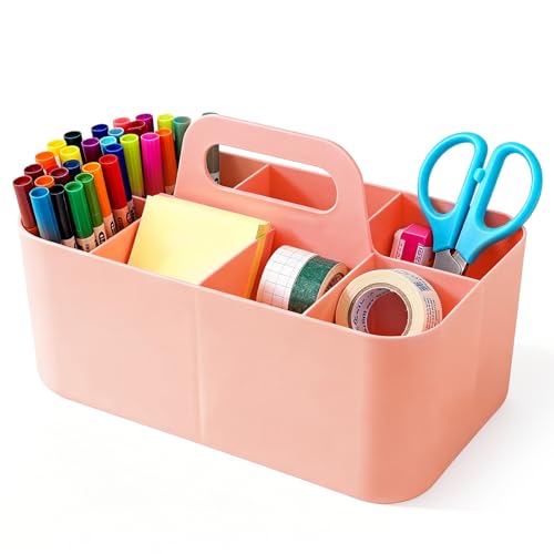RFYTDCF Multipurpose Storage Caddy Stackable Cleaning Caddy with Handle 5 Compartment Pen Storage Plastic Pen Organiser for Office Bathroom Crafts School Supplies (Pink)
