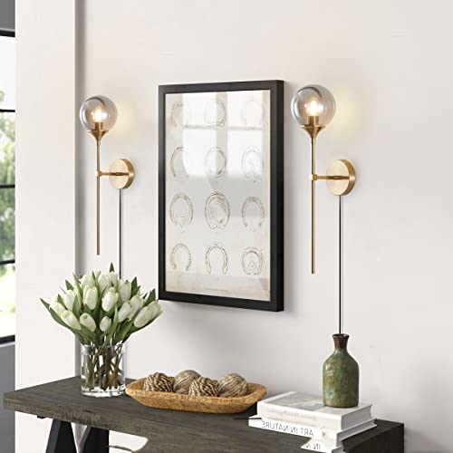 Image of BOKT Mid Century Smoke Glass Bathroom Wall Light Plug in Set of 2 Brushed Brass Gold Long Globe Wall Sconce Lighting Plug in Cord Set of Two Industrial Wall Lamp (Smoke Gray-Plug in)