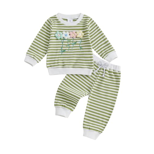 Amnnchya Toddler Clothes For Girls Baby 3D Flower Fall Winter Outfits Stripes Waffle Sweatshirt Pullover Cute Pants Set (Green, 12-18 Months)