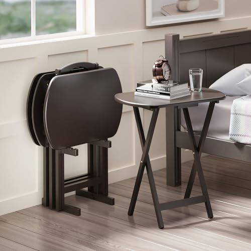 Image of Winsome Corbett Set of 4 Oversized Foldable Snack Tables with Storage Rack, Easy to Store Portable Fold Up Table Set for Kitchen, Living Room TV Dining, Crafts, Puzzles, Work from Home