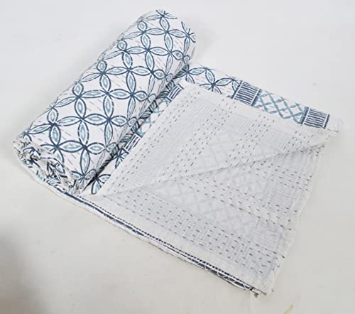 YUVANCRAFTS Indian Handmade Cotton Kantha Quilt Traditional Indigo Print Twin Quilt Blanket Bedspreads Throw (Blue)