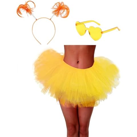 Tutu Skirt 5 Layered with Heart Sunglasses and headband Tutus Tulle Ballet Tutu Skirts for Women & Girls Party Dance Dress (Yellow) Cover