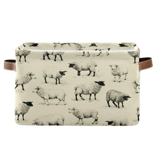 Image of Kigai Cute Sheep Storage Basket with Handles Waterproof Collapsible Storage Bin Canvas Fabric Basket Decorative Box Closet Organizer for Nursery Bedroom Office
