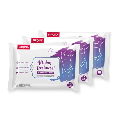 Sirona pH-Balanced Intimate Hygiene Wet Wipes - 10 Wipes (Pack of 3) | Neem & Sea Buckthorn Extract | Alcohol-Free | Soft Nonwoven Fabric | On Freshness for Travel, Periods & Pre/Post Intimacy