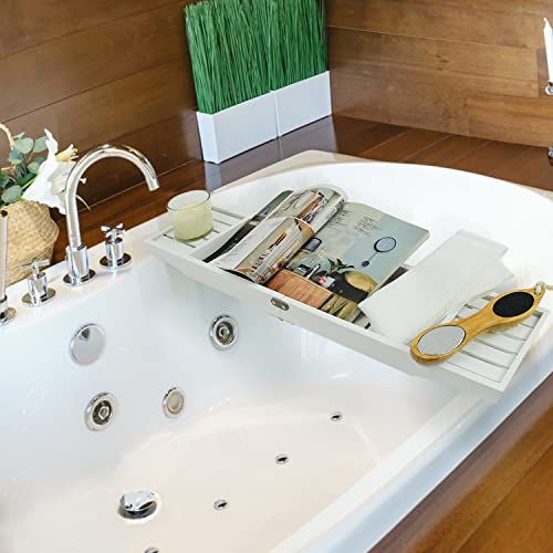 Budfay Bathtub Tray - Foldable Premium Bamboo Bath Tray - Bathroom Accessories Wine Glasses, Tablets, Cell Phones, Books, Shower Gel. (White) #TOP1