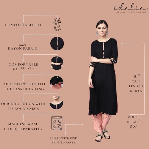 Image of idaLia Kurta With Printed Pant - Rayon Kurta Set - Stylish 3 /4 Sleeve, Round Neck, Calf Length Straight Kurta