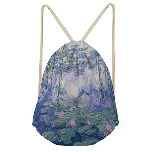 ENLACHIC Van Gogh Drawstring Bag Backpack Bulk Foldable Travel Daypack Sport Gym Yoga Bag for Men Women,Monet Water Lily3