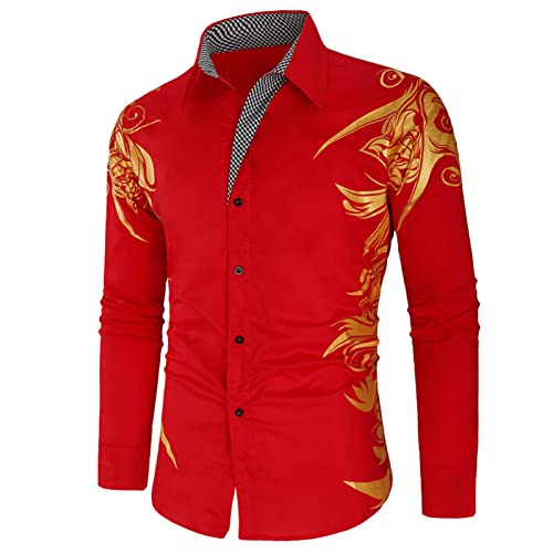 Mens Print Button Down Dress Shirt Shiny Golden Printed Long Sleeves Shirts Casual Floral Nightclub Shirt Costume (Red,3X-Large)