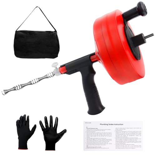 Drain Auger Snake, 50 FT Plumbing Snake Clog Remover with Drill Adapter, Sink Snake Drain Tool with Work Gloves and Storage Bag, Manual or Powered Use for Kitchen, Sink, Sewer and Shower