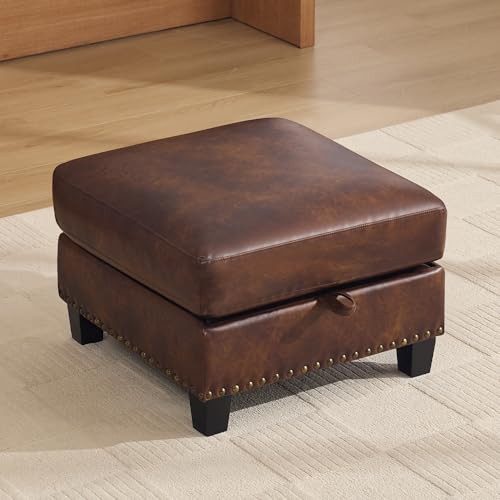 Image of 25.2 inch Faux Leather Storage Ottoman Bench for Couch, Vintage PU Leather Foot Stool with Nailhead Trim for Sofas, Mid Century Modern Hidden Storage Footrest for Living Room, Bedroom, Office, Brown