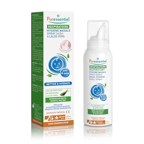 Puressentiel Respiratoire – Spray Hygiène Nasale Bébé – Nettoyage du Nez en douceur – Spray Isotonique 100 pourcent naturel – Eau de mer de Bretagne & Aloe Vera Bio – Dispositif médical – 120ml