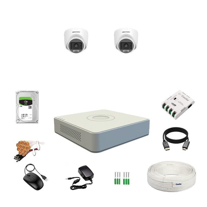 Image of Clocite HIKVISION 3K /5MP 4 Channel DVR, 3K (5MP) 2 Dome Cameras [Color Night Vision + Built-in Audio MIC + SMART Dual Light + Motion Detection] + 1 TB HDD 4 CH SMPS + CCTV Cable + BNC /DC