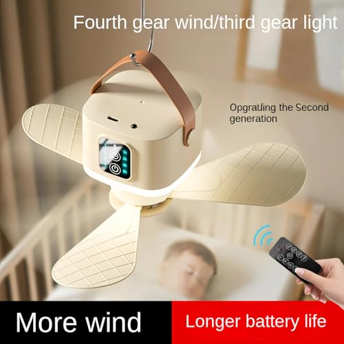 Image of Portable Ceiling Fan, 7600 mAh Battery Camping Fan, 2-in-1 Standing and Hanging Design for Camping and Dormitory with Hanging Strap for Canopy Tent, Beige