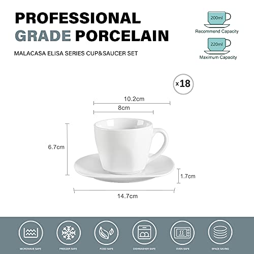 MALACASA, Series Elisa,36 Piezas Juego de Cafe Vajillas de Porcelana 18 Tazas de Cafe 18 Platillos de Café, Blanco para… - Imagen 3