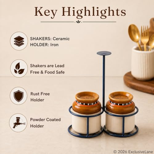 Image of ExclusiveLane 'Old Martaban' Ceramic Salt Pepper Set for Dining Table with Iron Holder (80 ML, Set of 2) | Salt and Pepper Container for Dinning Table Salt and Pepper Dispenser Salt and Pepper Shaker