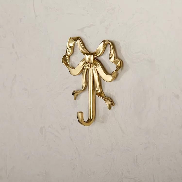 Bow Wall Hooks Brass (2 Pcs) Christmas Wall Decor Gold Hooks Door Hanger Towel Multi-Purpose Hooks for Hanging for Bathroom Living Room Kitchen Decor Christmas Birthday Gift (L)