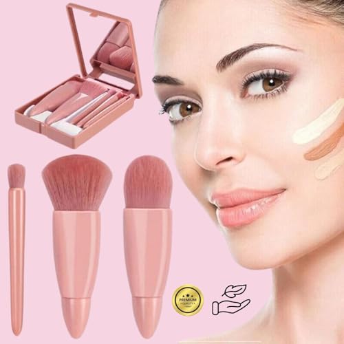 Image of DABRY Mini Makeup Brushes Kit, 5-in-1 Travel Cosmetic Brush Set with Compact Mirror, Portable Foundation Blush Eyeshadow Brushes, Pink