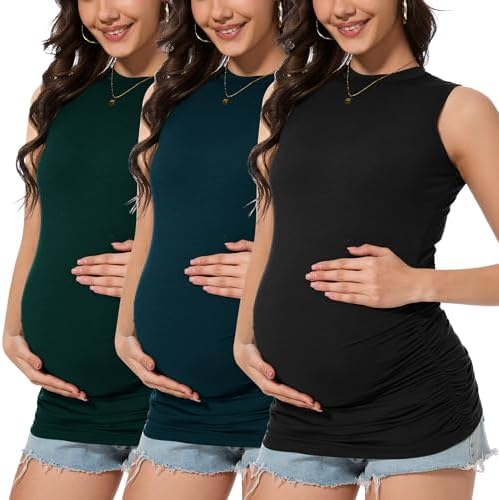 Smallshow Women's Maternity Tank Top Crew Neck Sleeveless Pregnancy Clothes 3 Pack