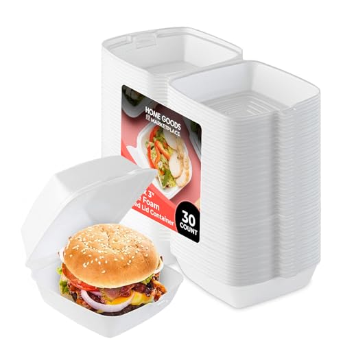 HOME GOODS MARKETPLACE Foam Takeout Containers – White Hinged Clamshell 6x6x3 Inches – 50 Count | Disposable Food Containers for Sandwiches, Burgers & Snacks | Insulated, Leak-Resistant & Durable