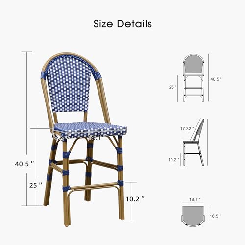 Image of PURPLE LEAF French Counter Height Bar Stool Set of 2 25 inch Bamboo Print Finish Patio Bar Chairs with Back Rattan Bar Chairs French Bistro Set for Kitchen Outdoor Counter Stool Royal Blue