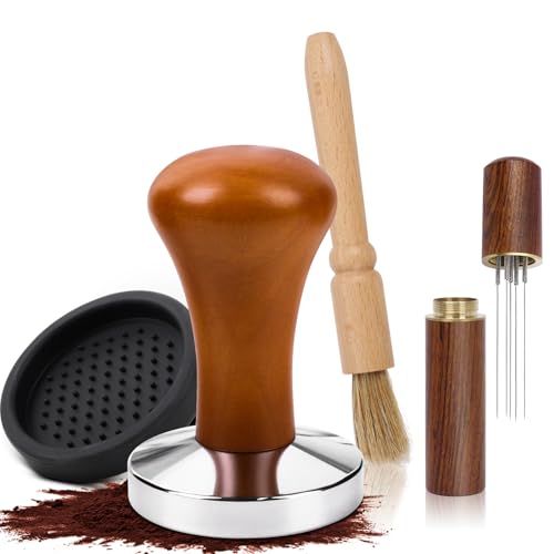 Dncvb Juego de 3 prensadores de café de 51 mm de acero inoxidable, incluye almohadilla para prensar, aguja de espresso, cepillo de limpieza, adecuado para baristas y amantes del café